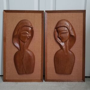 Vintage MCM teak silhouette carved wood pair